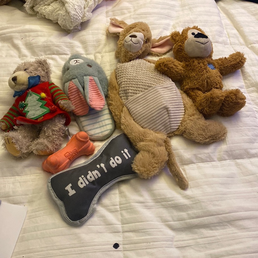 Bundle of 6new washed dog animals toys.The pink and blue slipper is well-made.